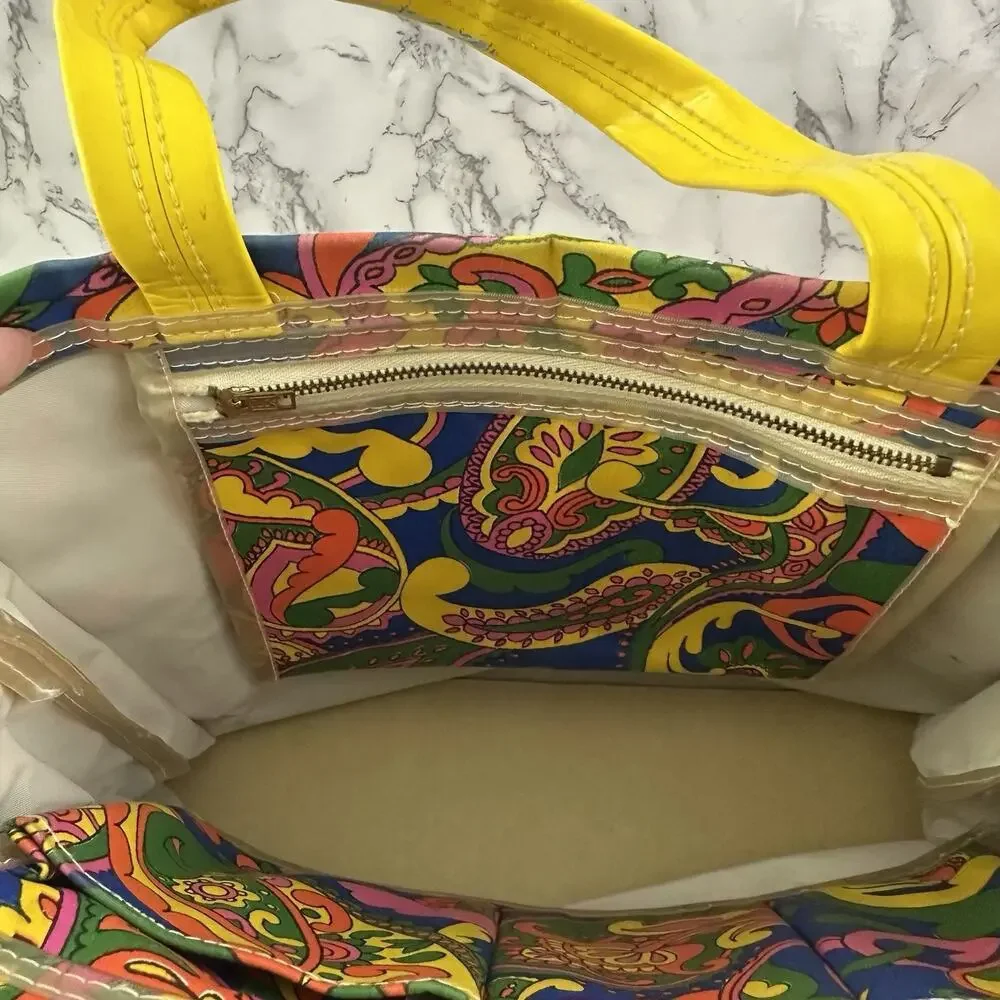 Vintage 70s Tote Bag Purse Green Yellow Paisly Floral Canvas Funky Top Handle
